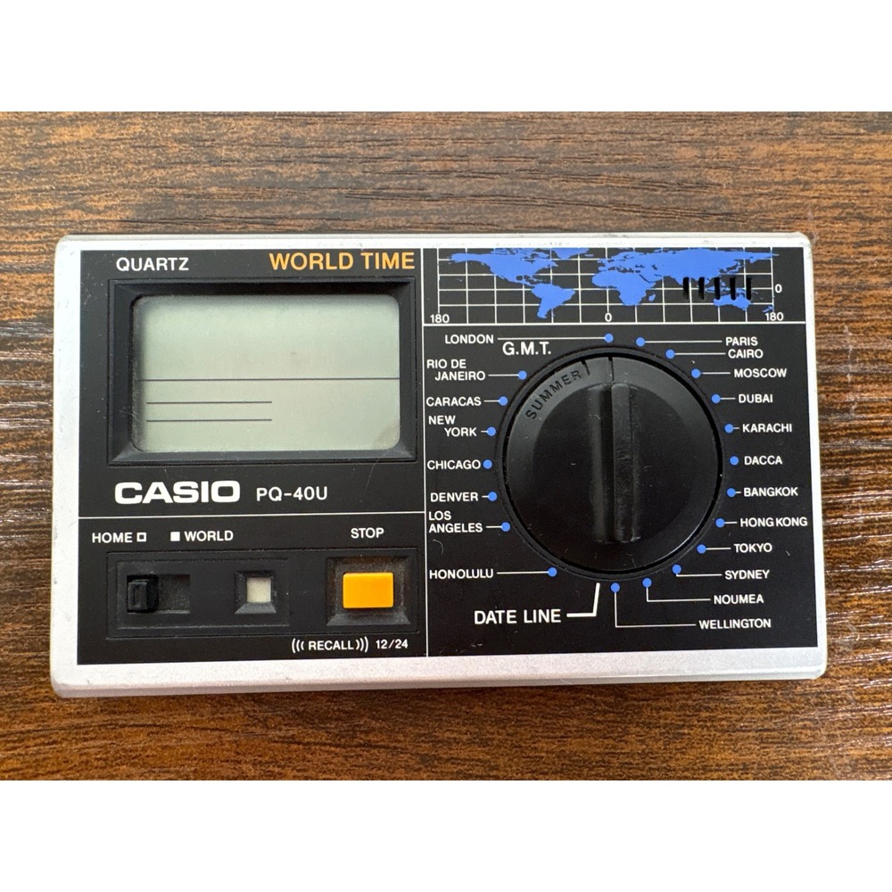 Vintage Casio PQ-40U World Time Digital Alarm Clock Silver Japan Travel Retro